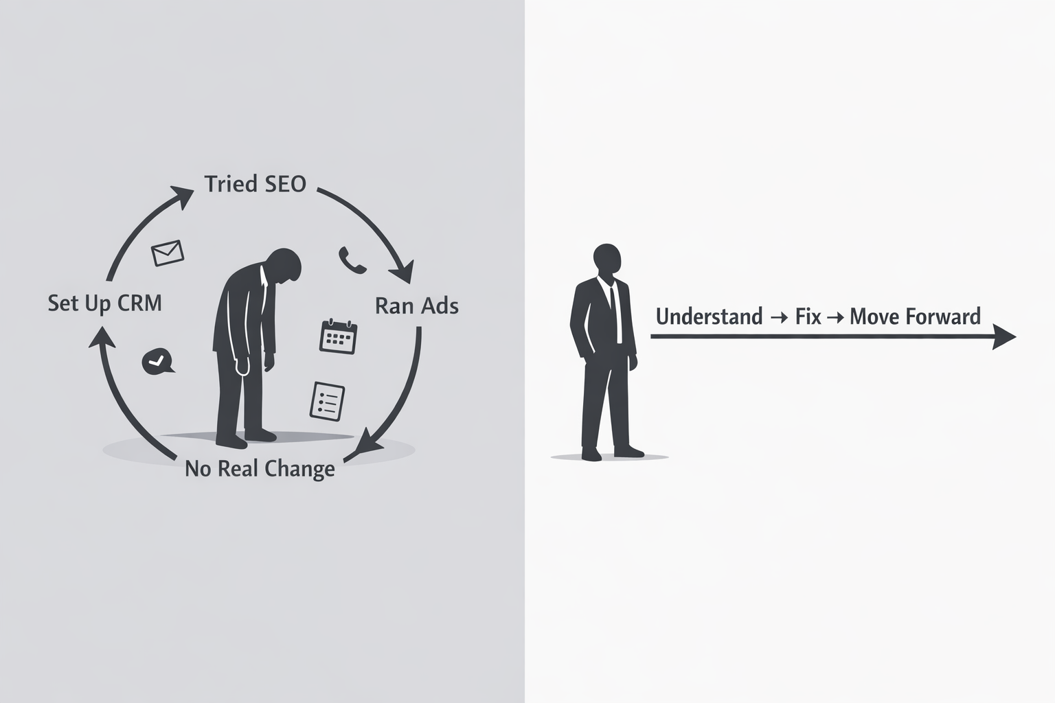 Small business workflow and lead handling diagram showing the difference between stuck and moving forward