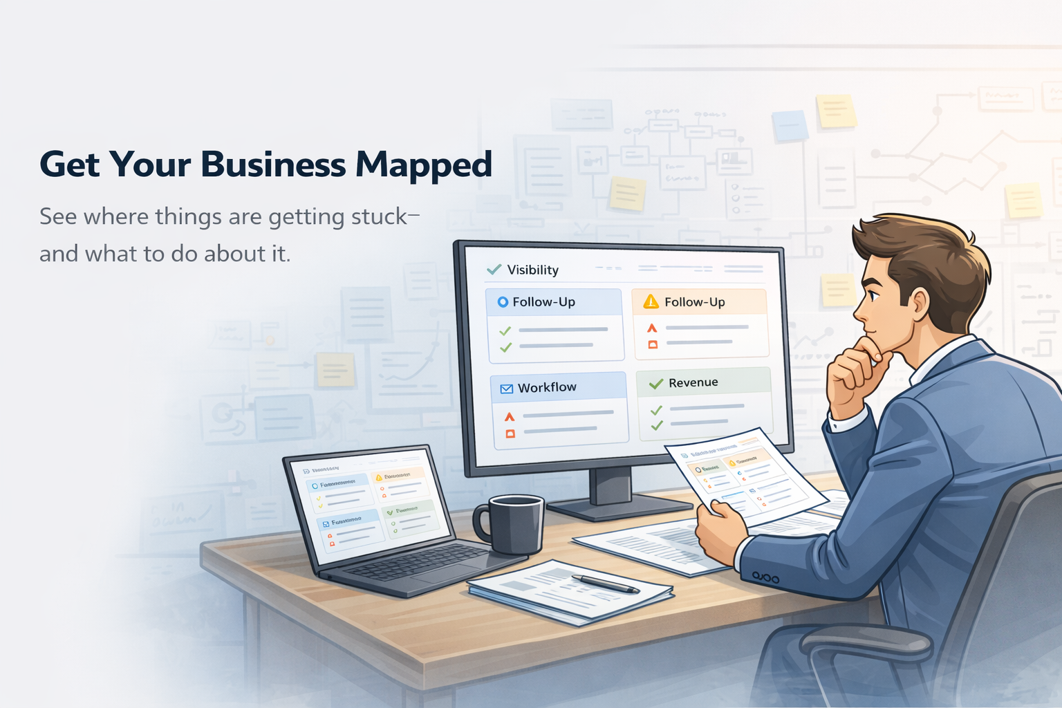 Business owner reviewing business systems and workflow during a mapping session